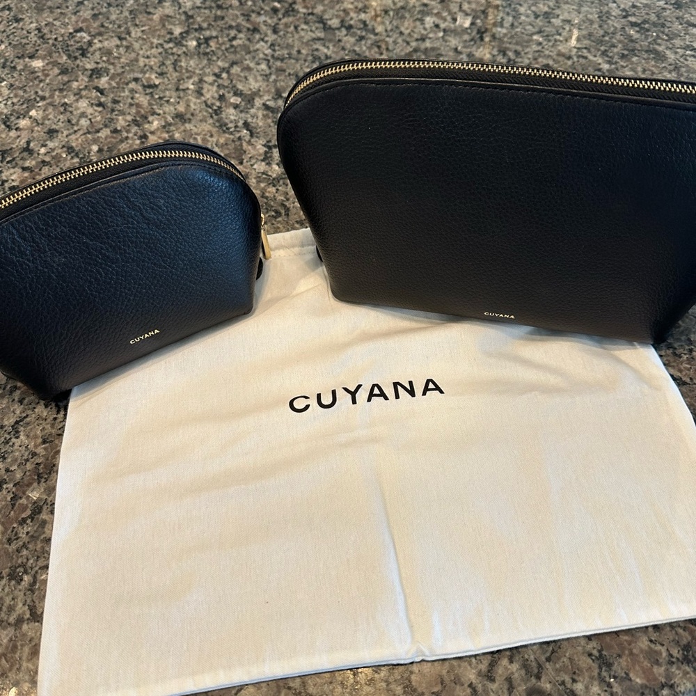 Cuyana Black Leather Cosmetic Pouch Duo with Gold Zippers